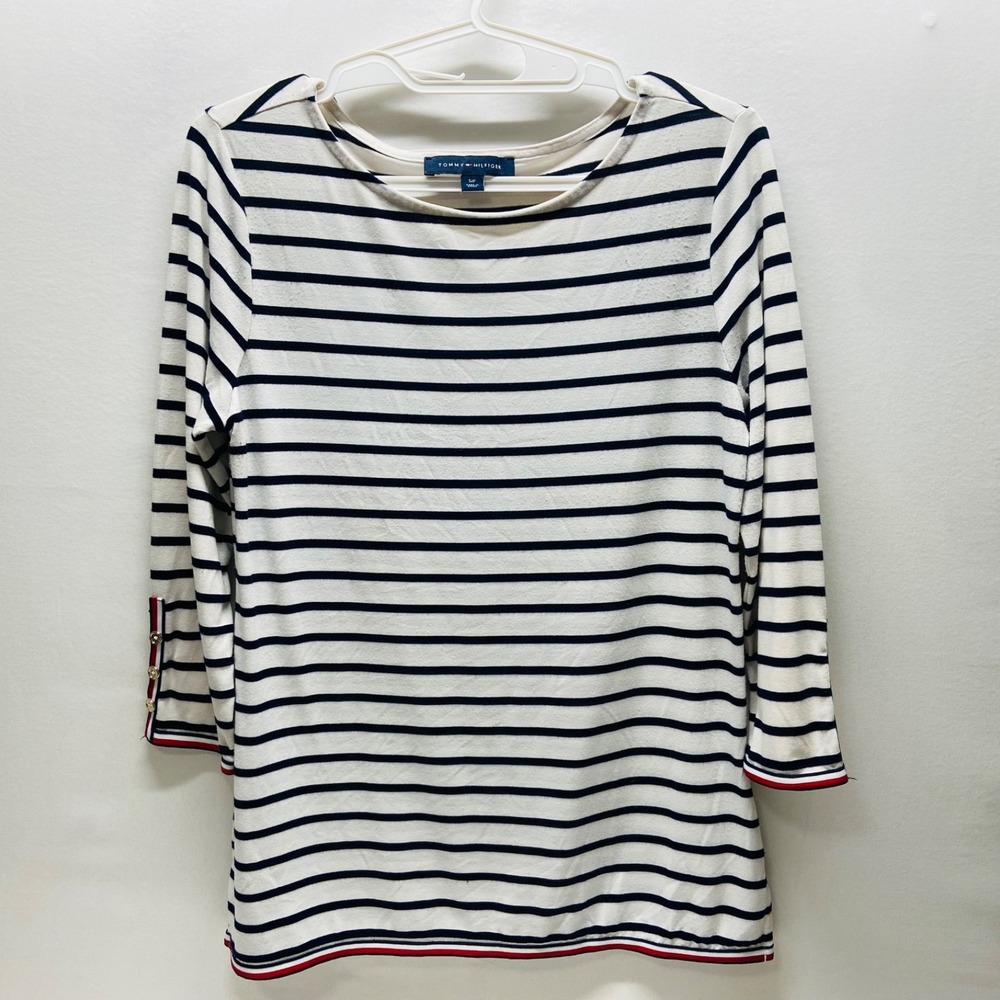 Tommy Hilfiger 3/4 Sleeve T-Shirt Women's Small Petite White Navy Stripe Top GUC